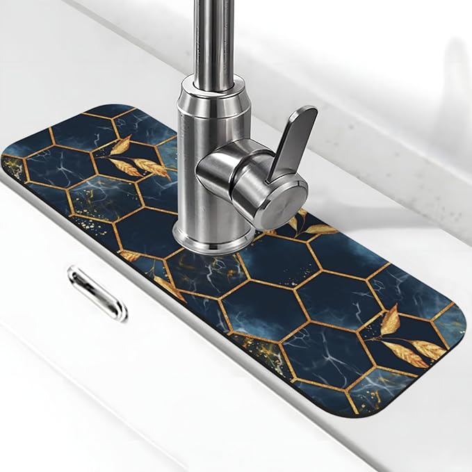 Faucet Draining Mat For Kitchen Sink, Black And Blue Honeycomb Marblenon Diatom Mud Absorbent Drain Pad For Bathroom Kitchen Sink Splash Guard Drying Mat