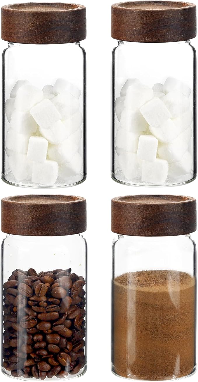 Patoper Small Glass Jars with Airtight Lid Clear Coffee Ground Storage Canister Wooden Lid Round Glass Spice Jar for Pantry Sugar Tea Bean Nuts Cookies Bath Salts (4×250ml(8.4oz))