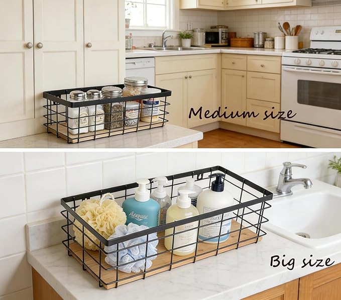 Metal Wire Basket Detachable Wood Base Storage Organizer Farmhouse Hanging Basket for Kitchen Cabinets, Bathroom, Pantry, Laundry Room Set of 2,Black Color