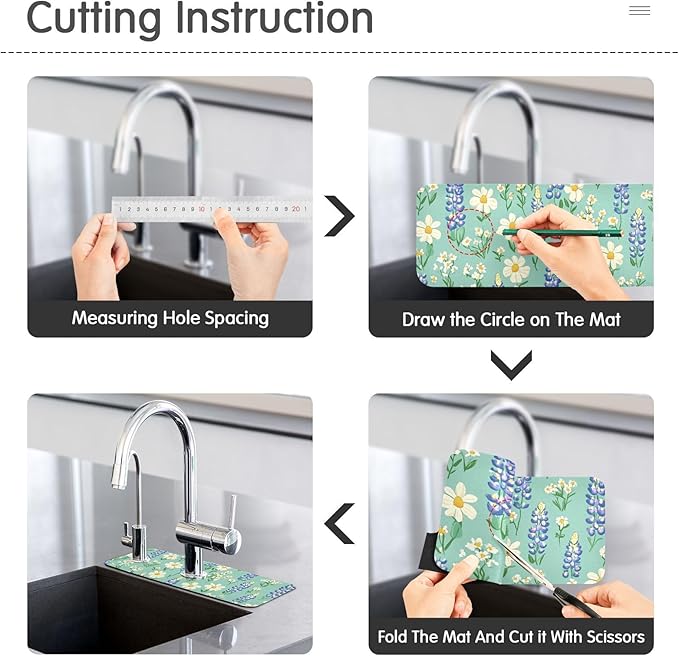 Kitchen Sink Splash Guard 1 PC 30 Inch Sink Faucet Mat Splash Guard for Bathroom Countertop Water Absorbent Foldable Cuttable Soft Washable Cute Green Bluebonnet and Daisies