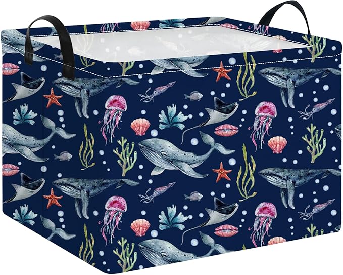Rectangular Storage Basket Empty,Storage Bin with Handles,Room Decor,Gift Basket,Book Box(Watercolor Ocean)
