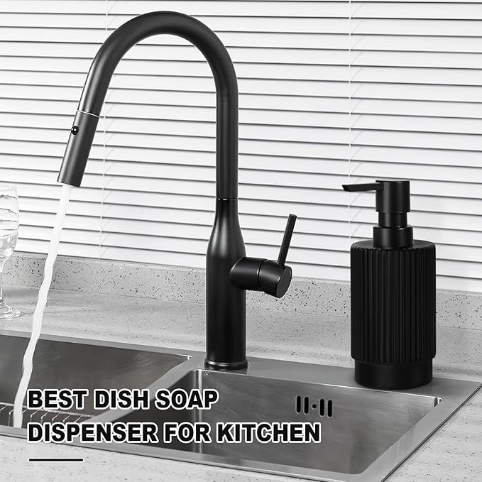 Black Soap Dispenser, 11 fl oz Hand Soap Dispensers for Bathroom, Matte Black Ribbed Glass Dish Soap Dispenser for Kitchen with Pump, Modern Refillable Liquid Soap Pump Bottle