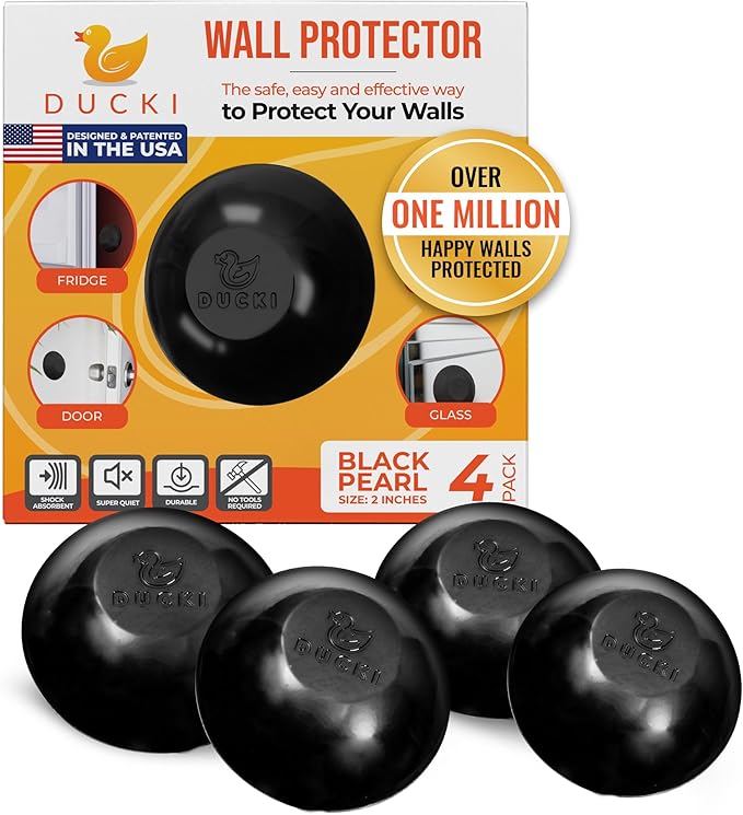 Ducki Wall Protectors - 4 Black Pearl- Self Adhesive, Reusable Solution for Stopping Wall Damage & Noise from Doors,Refrigerator & More in Your Home or Office -Durable, Shock Absorbent & Discreet