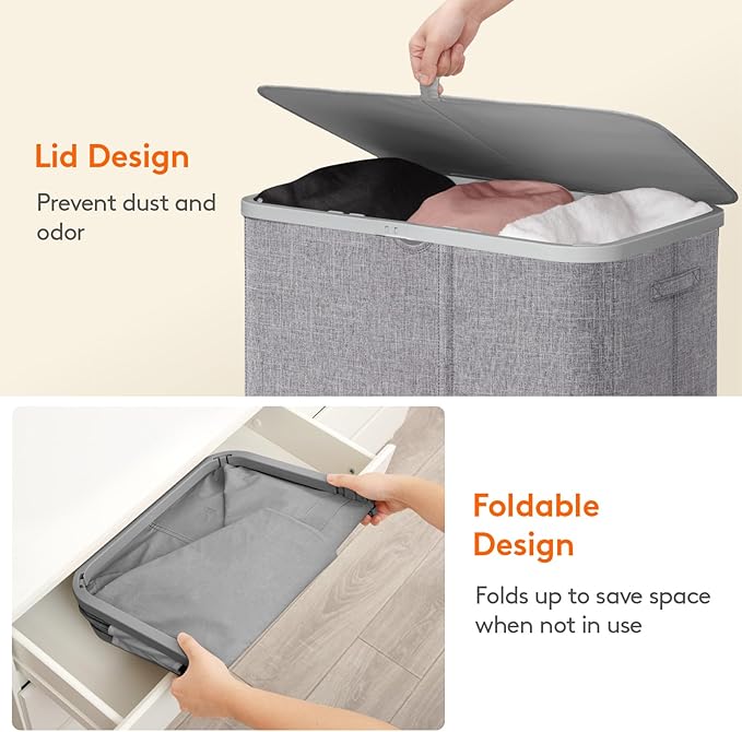 Lifewit 185L Large 3 Section Laundry Hamper with Lid, Plastic Laundry Basket with Bamboo Handles and Removable Bags, Tall Foldable Clothes Hamper for Bathroom Bedroom, Light Gray