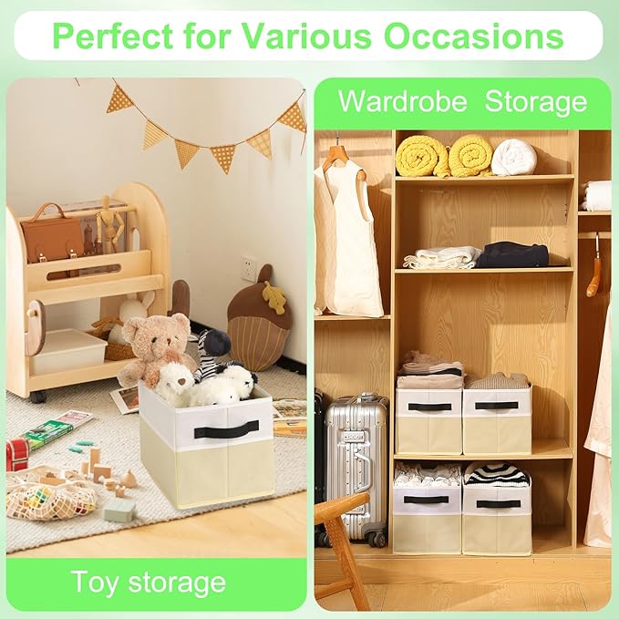 Large Shelf Storage Bins [4 Pack],Decorative Collapsible Storage Basket,Fabric Closet Organizer and Home Storage Cubes with Handles for Organizing Books, Clothes, Toys, Nursery（Beige）