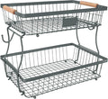 Fruit Basket Bowl 2 Tier Detachable with 2 Banana Hangers, Fruit Stand Holder for Kitchen Countertop, Metal Wire Vegetable Storage Organizer, for Bread Snack Veggies Produce, gray