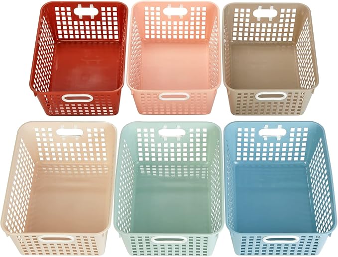 Really Good Stuff Large Plastic Storage Baskets with Handles, 13.75" x 9.75" x 5", Boho Group Colors, for Books & Supplies, Organize Classroom & Home