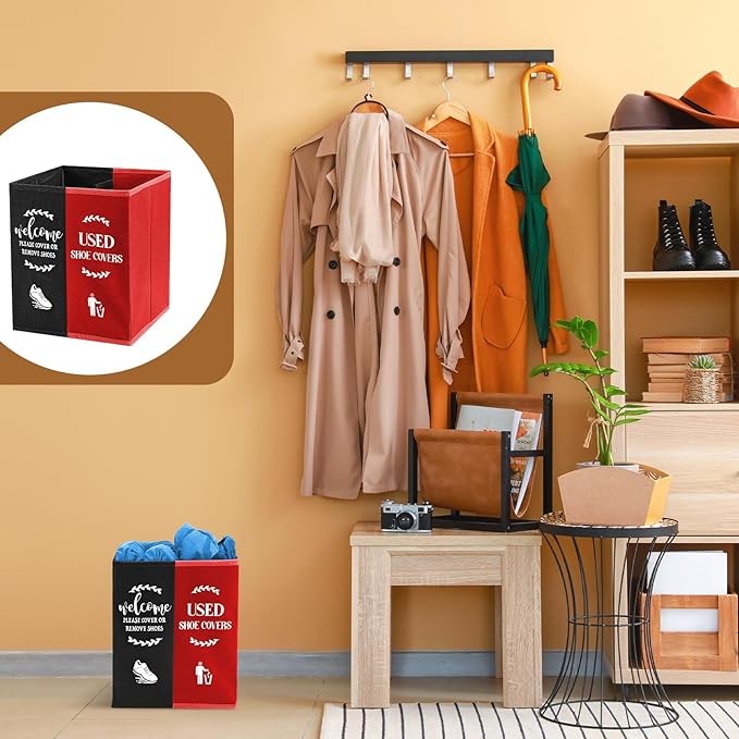 Shoe Cover Box Dispenser Foldable Storage Bin Holder with Used Shoe Covers and Welcome Please or Remove Sign for Open House Supplies(Black, Red)