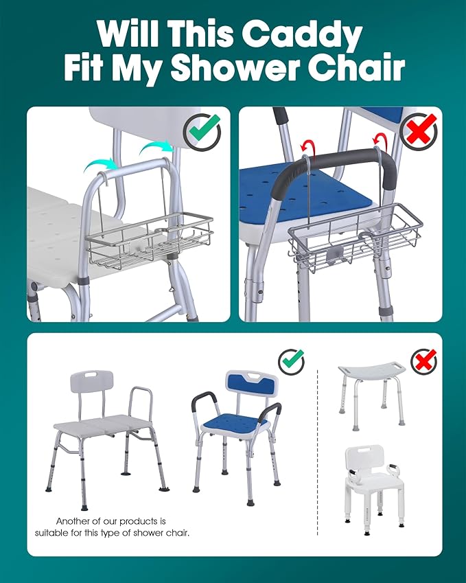 Rustproof Hanging Shower Caddy for Shower Chair, Stainless Steel Bathroom Basket for Bath Chair Bench,Showers Caddy Chair, Shampoo Bottle Holder for Elderly, Pregnant, Handicap, Patient