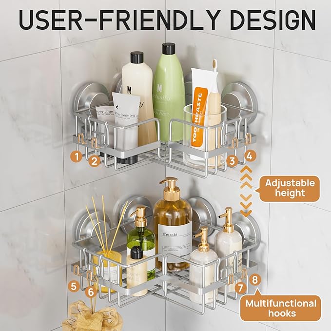 LEVERLOC Corner-adaptive Suction Cup Shower Caddies 2 Pack, Stainless Steel Rustproof Corner Shower Shelf, Large Capacity Removable Suction Cup Bathroom Organizer, Drill-Free Wall Mounted Basket, Gray