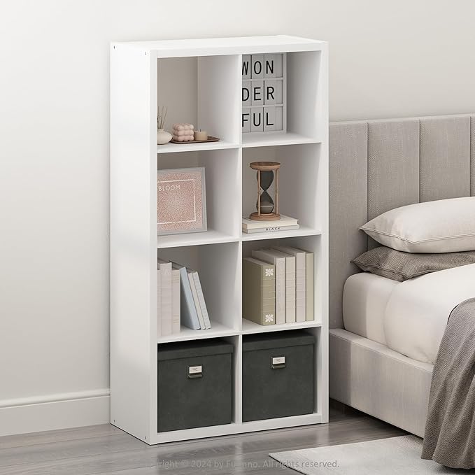 Furinno Simple Cube Storage Organizer, 8-Cube Display Shelf, Open Back Shelving Unit, Storage Shelves, Extra Thick Frame, for Organization and Storage, Living Room, Home Office, White