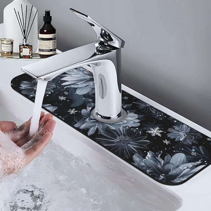 Faucet Draining Mat For Kitchen Sink, Stylized Gray Chrysanthemum Flowers Diatom Mud Absorbent Drain Pad For Bathroom Kitchen Sink Splash Guard Drying Mat