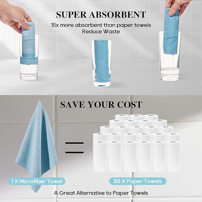 HONOVA Microfiber Cleaning Cloth Roll 45 Pack, 12" x 12" Washable Paper Towels, Tear Away Microfiber Towels Roll,All-Purpose Washable Cleaning Rags for Kitchen, Window, Garage Shop(Blue)