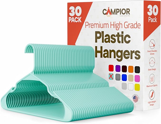 Plastic Clothes Hangers – Heavy Duty Hanger Set, for Organizing Clothes, Dresses, and Coat, Holds Up to 5 lbs, Space-Saving Hangers with Non-Slip Shoulder Grooves, Pack of 30, Aqua