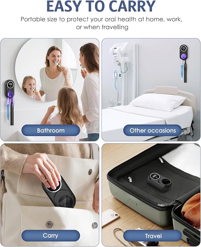Temracha Toothbrush Sanitizer Holder, Upgraded UV Toothbrush Holder with Dual-Mode Clean & Air Dry, LED Smart Screen, Auto-Inductive Cover, Toothbrush Wall Mounted Cleaner Organizer for Bathroom, Trip