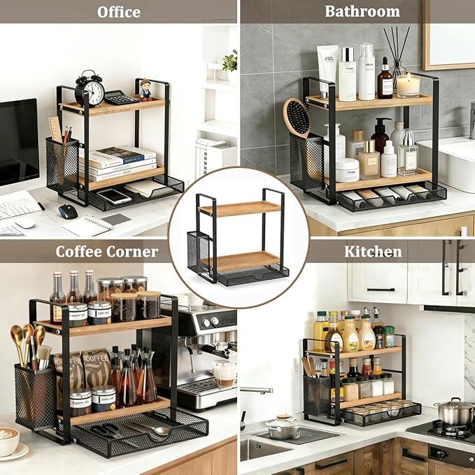 2 Tier Spice Rack Organizer for Countertop with Drawer and Basket, Suitable for Coffee Organizer, Kitchen Counter Storage, Bathroom Storage