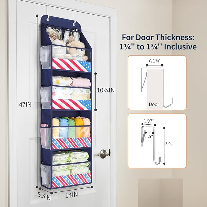 Yecaye 5 Tier Over the Door Organizer, Swing-proof Door Organizer Hanging with Clear PVC Windows, Behind the Door Storage for Bedroom Nursery Closet Laundry Pantry Bathroom, Navy Blue