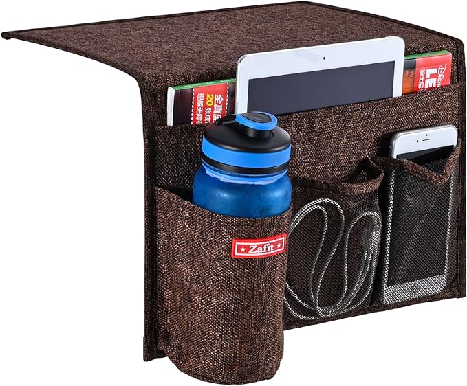 Zafit Linen 4 Pockets Bedside Caddy, Bedside Storage Organizer for Magazine, Remotes, Phone (Coffee)