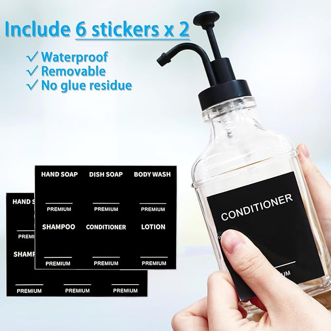 Dish Soap Dispenser for Kitchen, Hand Glass Soap Dispenser Set with Pump, Funnel for Bathroom, Shower, Laundry, Liquid, Lotion (Black 2 Pack 18 Oz Clear Bottles with 12 Stickers)