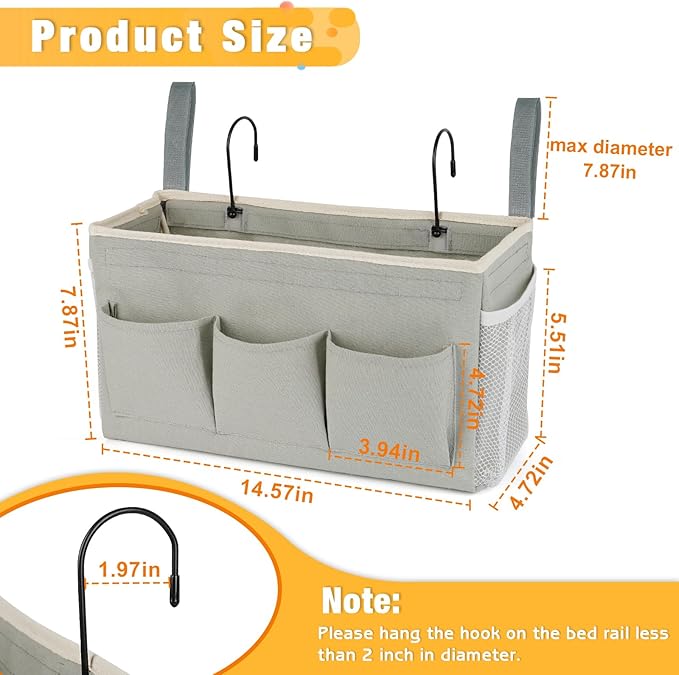 Lilithye Bedside Caddy Organizer with Fixed Straps & Water Bottle Holder for Home, College Dorm, Bunk Bed, Hospital & Crib Bed Rails (2 pcs, Grey)