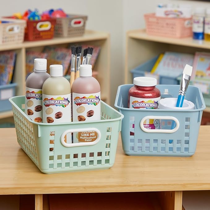 Really Good Stuff Medium Plastic Book Baskets, 11" by 7.5" by 4.5", 6 Pack, Boho Group Colors, Versatile Storage Solution for Classroom, Home, and Office
