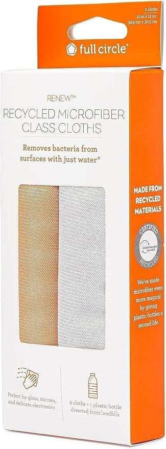 Full Circle Renew, Streak-Free Glass Cleaning Cloths, Recycled Microfiber, Perfect for Eyeglasses and Mirrors, Set of 2