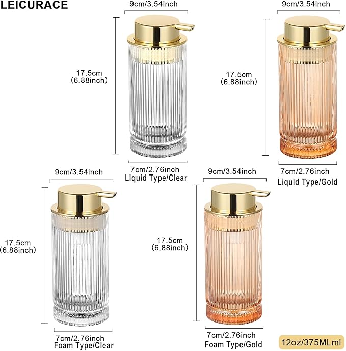 Glass Liquid Soap Dispenser, Refillable Liquid Dispenser with Gold Pump, Hand Soap Dispenser for Bathroom Kitchen, Modern Home Bathroom Kitchen Decor （Liquid Type/Clear）