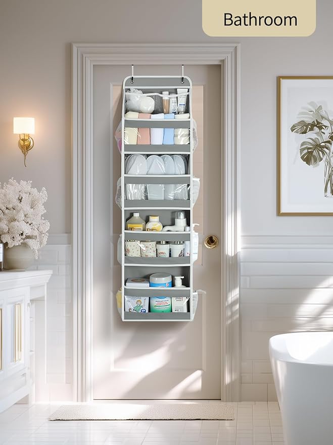 Yecaye 5 Tier 2 Pc Over the Door Organizer, Swing-proof Door Organizer Hanging with Clear PVC Windows, Behind the Door Storage for Bedroom Nursery Closet Laundry Pantry Bathroom, Grey
