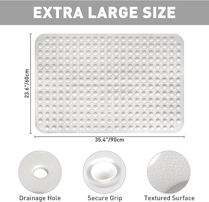 Mofonky Shower Mat Non Slip: 35.4 x 23.6 Inch Extra Large TPE Shower Mats for Inside Shower - Anti Slip Shower Stall Matt with Drain Hole and Suction Cups for Elderly