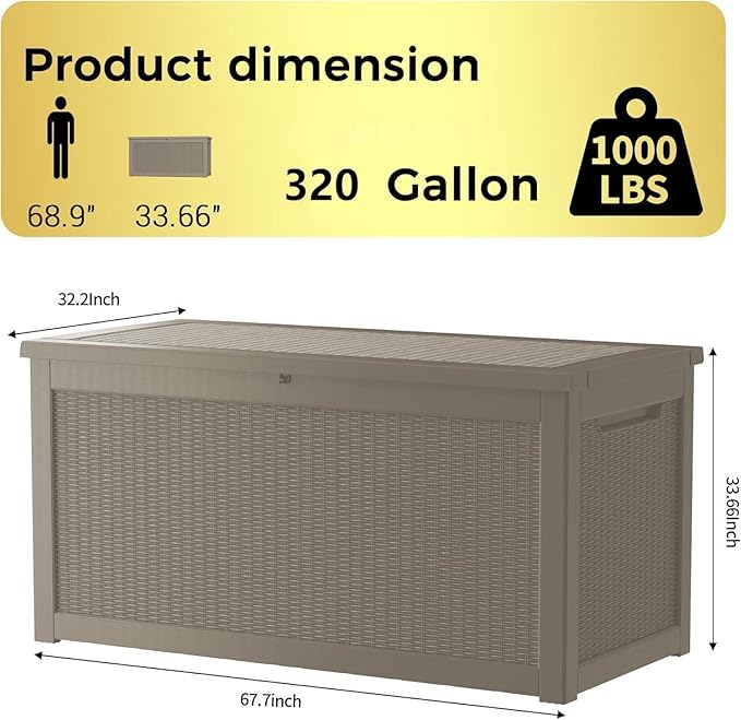 Outdoor Storage Box Waterproof, 320 Gallon Lockable Resin Deck Box Large, Patio Storage Bin for Pool Accessories Cushion Furniture, Garden Tools, UV-Resistant Outside Delivery Grey