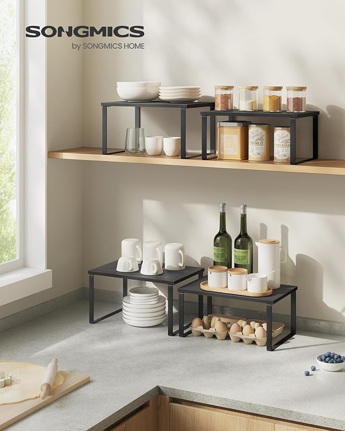 SONGMICS Cabinet Organizer Shelf, Set of 2 Kitchen Counter Shelves, Kitchen Storage, Spice Rack, Stackable, Expandable, Metal and Engineered Wood, Ink Black and Charcoal Black UKCS02B01 (Pack of 2)