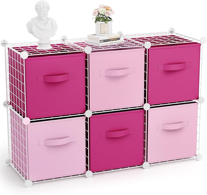 Leinuosen 6 Cube Storage Organizer with Fabric Bins, Wire Grid Stackable Shelves, Drawer Closet Organizer, Modular Storage Units for Bedroom Living Room Office Clothes Toys Crafts(White,Pink)