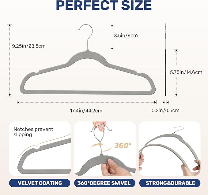 YSSOA 30 Packs Velvet Hangers, Non Slip Space Saving Suit Hangers, Heavy Duty Clothes Hangers with 360° Rotatable Hook for Coats, Pants, Grey