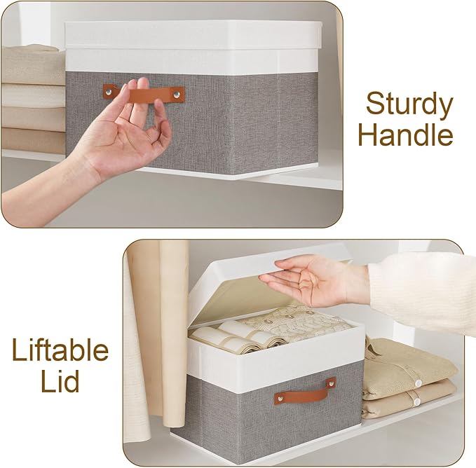 YheenLf Storage Baskets with Lids, Closet Organizer Boxes, Foldable Shelves Storage Bins with Handles, White and Grey, 3 Pack, 13 x 9.1 x 7.9 Inch
