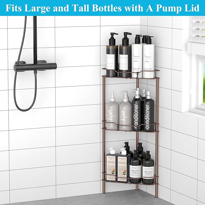 3 Tier Floor Standing Corner Shower Caddy Organizer Shelf with Hooks, Bathroom Shelves Stand Rack, Coffee