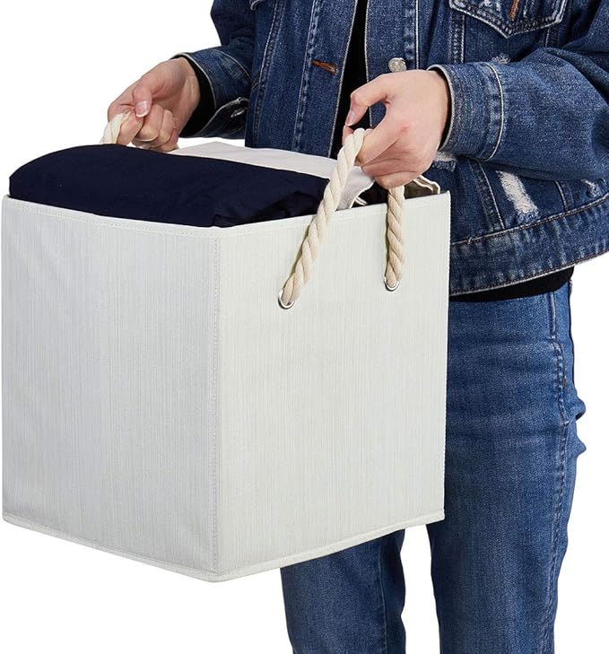 i BKGOO Foldable Storage Cube Bins Beige-White Bamboo Fabric Collapsible Resistant Basket Box Organizer with Cotton Rope Handle for Home Office and Nursery 10.5x10.5x11 inch