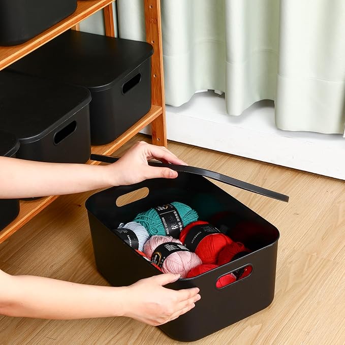 Hoolerry 8 Pieces Colorful Storage Bins with Lid, Plastic Storage Basket Organizing Container Stackable Box with Handle for Shelves Desktop Playroom Office(13.8 x 9.8 x 5.9 Inch,Black)