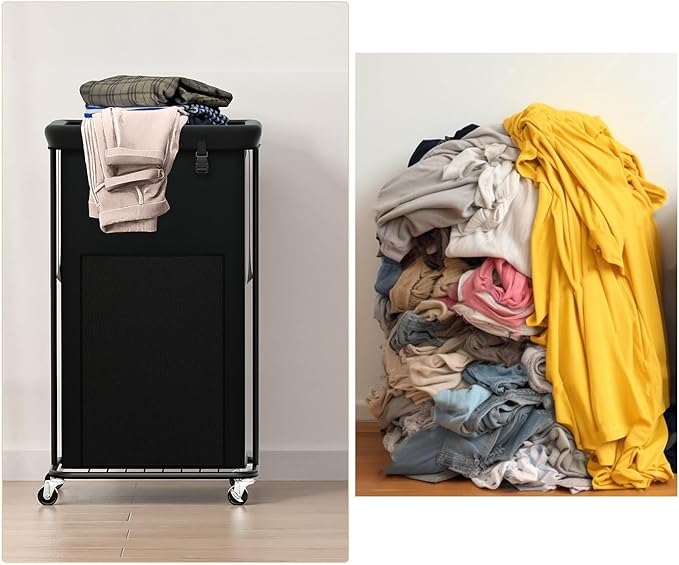 100L Large Laundry Hampers with Lid, Oxford Fabric Laundry Hampers Clothes Hampers, Metal Frame and Removable Bag Design with Wheels, Suitable for Bedroom, Bathroom (100L Black&Lid, 100L)