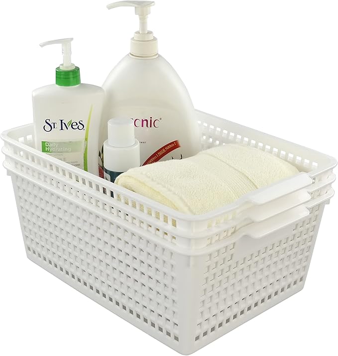 3-Pack Large Plastic Storage Basket, Plastic Storage Bin, White