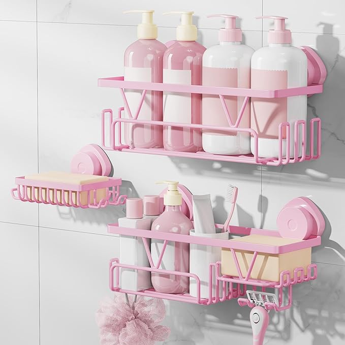 KEGII Suction Cup Shower Caddy – 3 Pack Suction Cup Shelf with Soap Holder & Hooks, Rustproof Stainless Steel Shower Organizer Rack, Removable No Drilling Bathroom Storage Rack, Pink