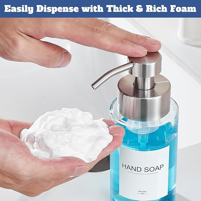 Doiliese Glass Foaming Hand Soap Dispenser, 10 oz Easy Refill Bathroom Soap Dispenser, Foaming Dispenser with Stainless Steel Pump & Waterproof Labels, Foam Soap Pump Bottles for Handwashing, 2 Sets