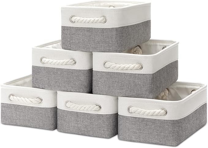 Bidtakay Small Baskets for Organizing Fabric Storage Baskets for Shleves 6 Pack Collapsible Closet Storage Bins with Handles Linen Organizer Baskets for Bathroom Nursery Home Storage (White&Grey)