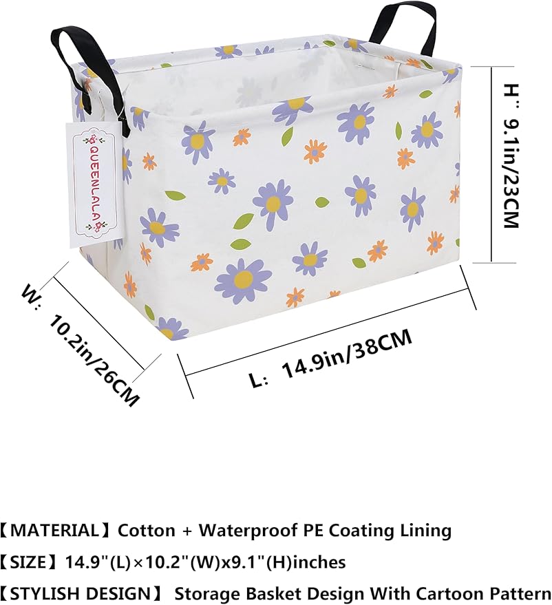 QUEENLALA Rectangular Laundry Hamper/Foldable Nursery Laundry Basket for Organizing/Storage Bin Baskets/Children Toy Office Bedroom/Toy Bin Closet Shelf Baskets（Rec-flowers）