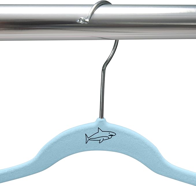 Simplify Kids 100 Pack Velvet Hangers with Shark Icon in Light Blue