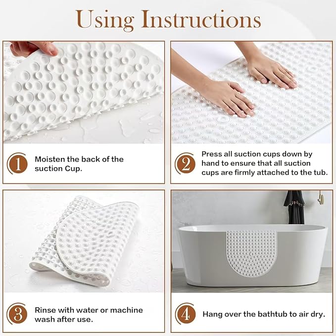 Joiyota Silicone Bath Mat for Tub Non Slip, Bubble Massage Anti Slip Shower Mat with 27 x 15 Inches for Easy Storage, Washable Bathtub Floor Mats for All Ages, White, Oval