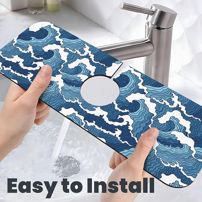 Japanese Wave Kanagawa Blue And White Waves Japan Kitchen Sink Splash Guard Faucet Mat Super Absorbent Fast Drying Mat Sink Gadgets-Fast Drying Pad Sink Mat For Kitchen Bathroom (15" X 5.5" )