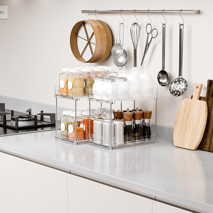 Yieach 2 Tier Vertical Spice Rack Pull Out,10.4'' Deep Narrow Slide Out Spice Rack Organizer for Inside Cabinets,Kitchen,Pantry,Cupboard Seasoning,Can,Jar Organizer and Medicine Cabinet Storage