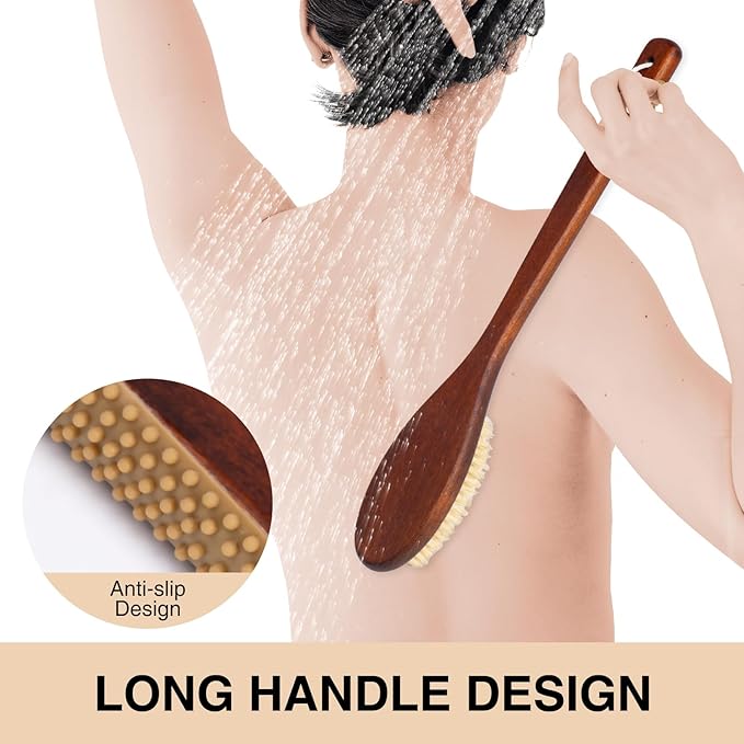 Wooden Bath Brush with Gentle Bristles Long Handle for Shower Back Scrubber Body Exfoliator (Gental Boar Bristle)