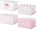 4 Pcs Pink Bow Storage Basket for Gifts Collapsible Girls Coqutte Pink Storage Bins with Handle Cute Preppy Foldable Laundry Organizer for Home Bathroom Bedrooms Baby Clothes Toys Books