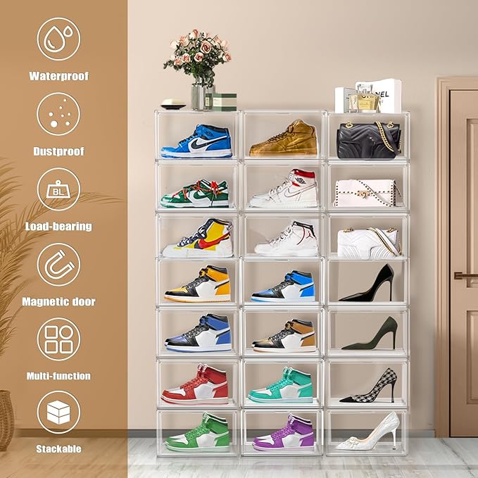 Acrylic Shoe Box, Sneaker Display Case Transparent Box Shoe Storage Bins Clear Plastic Stackable Boot Handbag Organizer Containers with Lids, 1Pack Size 12